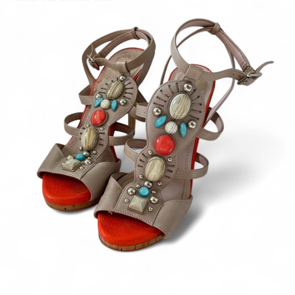 Embellished Tan and Red Women's Sandals